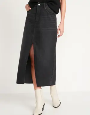High-Waisted Black-Wash Split-Front Maxi Non-Stretch Jean Skirt for Women black