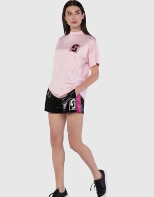Embroidery Detailed Stand Up Collar Oversize Pink Tshirt
