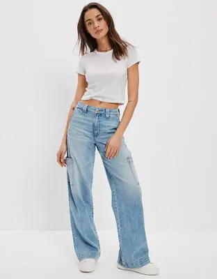 American Eagle Dreamy Drape Stretch Super High-Waisted Cargo Baggy Wide-Leg Jean. 1