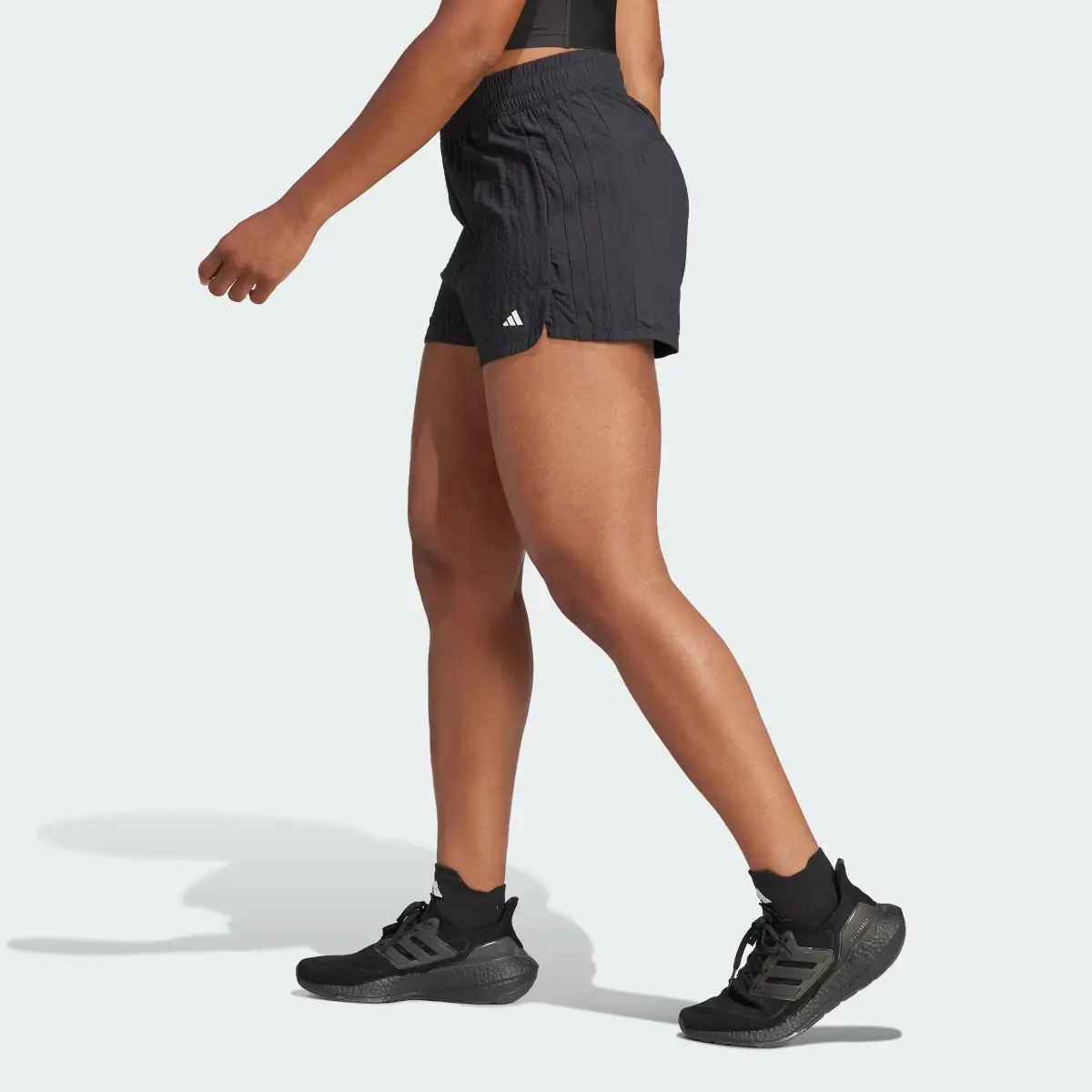 Adidas Pacer Training High-Waist Woven Seersucker 3-Stripes Shorts. 2