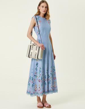Mavi Çiçek Nakışlı Midi Elbise