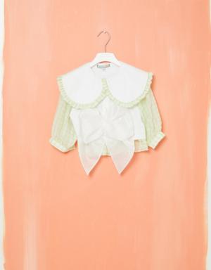 Baby Neckline With Bow Detail Poplin Organza Mixed White Blouse