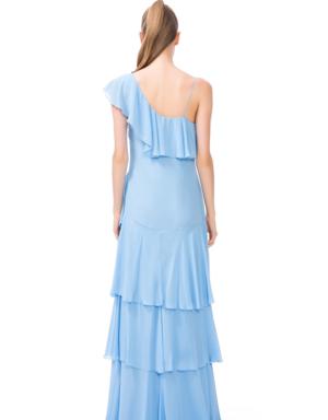 Layered Ruffle Detailed Embroidered Long Blue Dress
