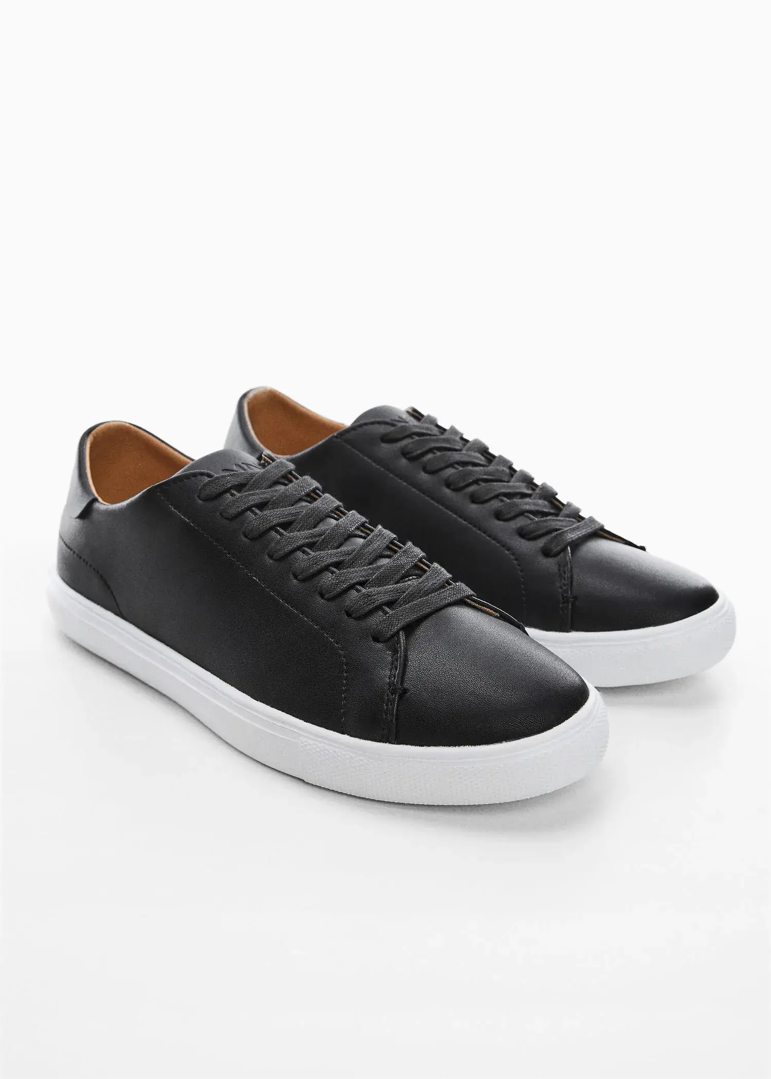 Mango Noncolored leather sneakers. a pair of black sneakers on a white surface. 