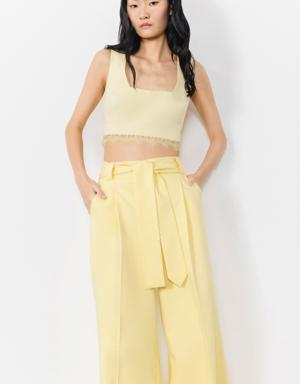 Yellow Crop Top With Square Collar Lace Detail