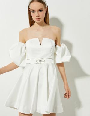 Bridal Mini Abiye Elbise Omzu Açık Taş Detaylı