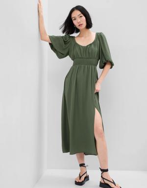 Gap Puff Sleeve Smocked Midi Dress green