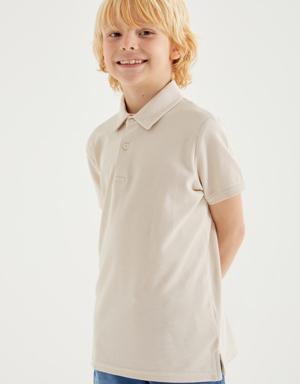 Bej Klasik Kısa Kollu Polo Yaka Erkek Çocuk T-Shirt - 10962