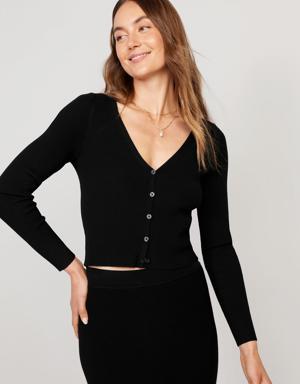 V-Neck Rib-Knit Cropped Cardigan Sweater for Women black