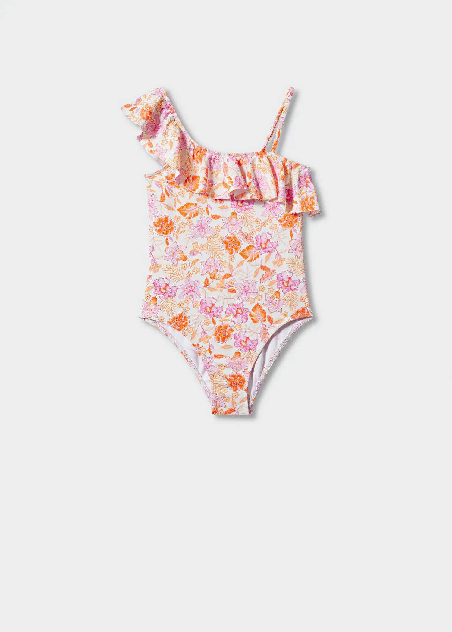 Mango Asymmetrical-print swimsuit. a pink and orange floral one-piece bathing suit. 