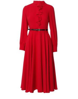 فستان أحمر متوسط الطول مزين بحزام جلد