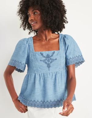 Matching Chambray Flutter-Sleeve Embroidered Tie-Back Top for Women blue
