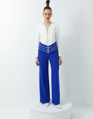 Ecru Suit with Corset-Shaped Jacket and Palazzo Trousers with Collar And Zipper Detail