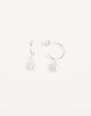 Sterling Silver Dangling Pearl Hoop Earrings for Women silver