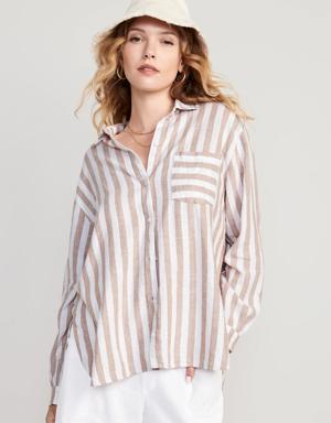 Striped Linen-Blend Boyfriend Shirt for Women brown