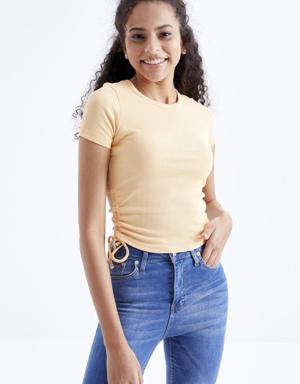 Kavun İçi Basic Yanı Büzgülü O Yaka Kadın Crop Top T-Shirt - 97203