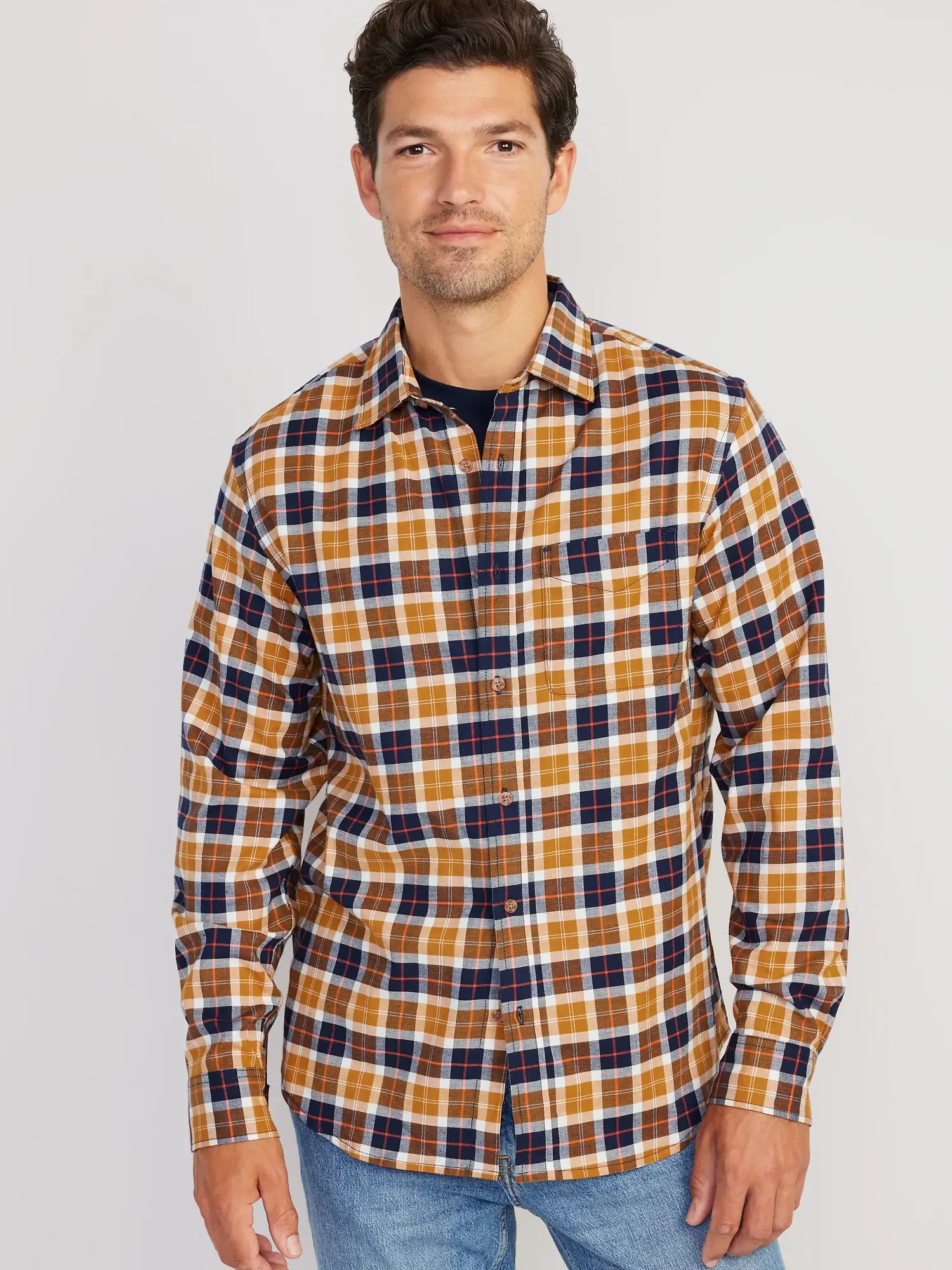 Old Navy Regular-Fit Built-In Flex Everyday Plaid Shirt for Men yellow. 1