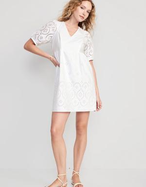 V-Neck Eyelet Mini Dress for Women white