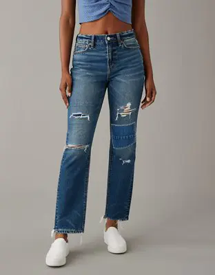 American Eagle Strigid Super High-Waisted Ripped Ankle Straight Jean. 1