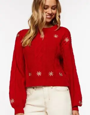 Forever 21 Embroidered Floral Cable Knit Sweater Red/Tan