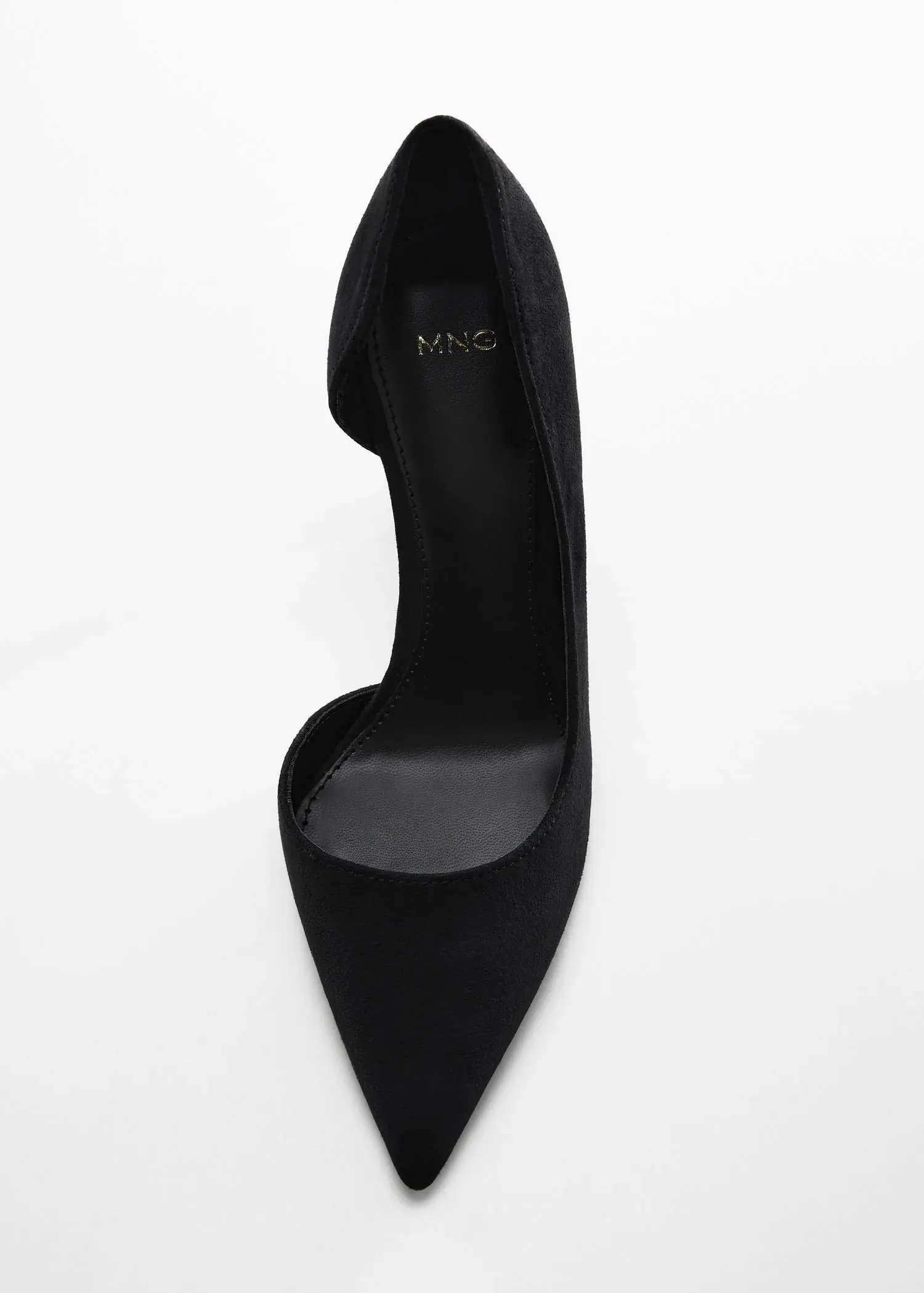 Mango Asymmetrical heeled shoes. a pair of black high heels on a white surface. 
