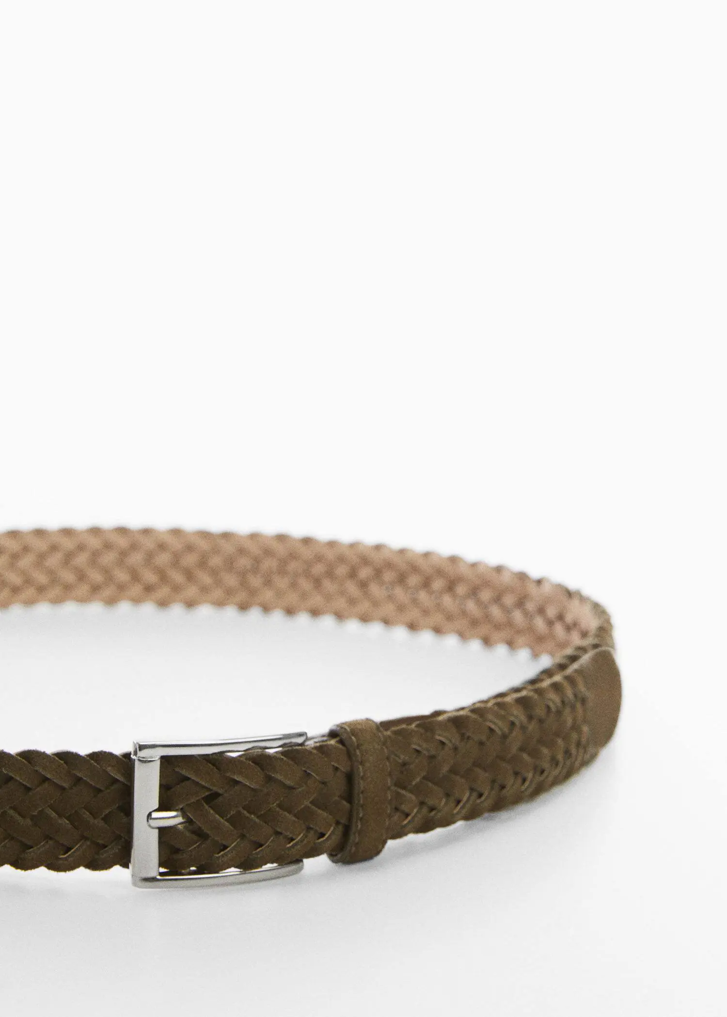Mango Braided suede belt. a close-up of a brown belt on a white surface. 
