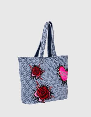Quilted And Embroidery Detailed Jean Blue Tote Bag