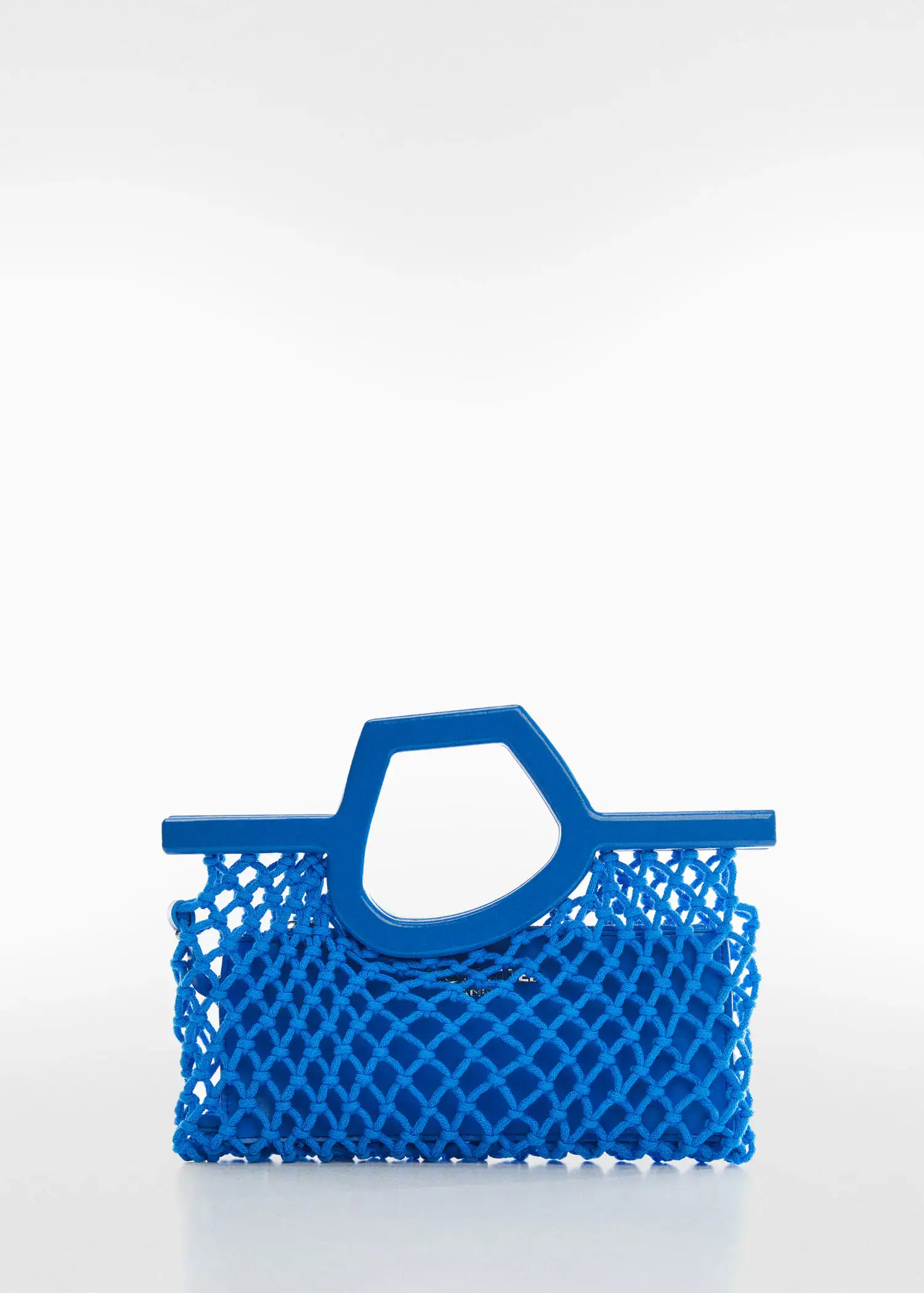 Mango Mesh bag with irregular handle. a close-up of a blue plastic bag. 