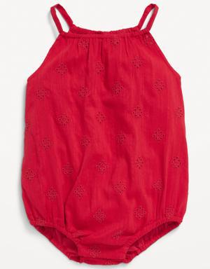 Sleeveless Embroidered Floral Eyelet One-Piece Romper for Baby red