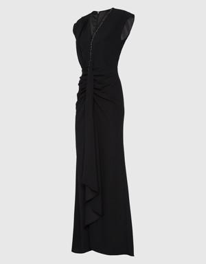 Ruffle Detailed V-Neck Embroidered Long Black Dress With Slits