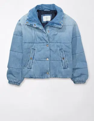 American Eagle Denim Cropped Bomber Puffer Jacket. 1