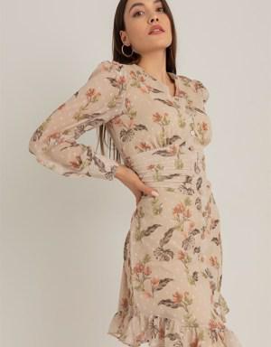 Deniz Butik Ön Düğme Drapeli Elbise - BEJ. 3 Deniz Butik Ön Düğme Drapeli Elbise - BEJ. 3
