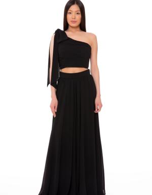 One Shoulder Embroidered Draped Chiffon Black Crop Top
