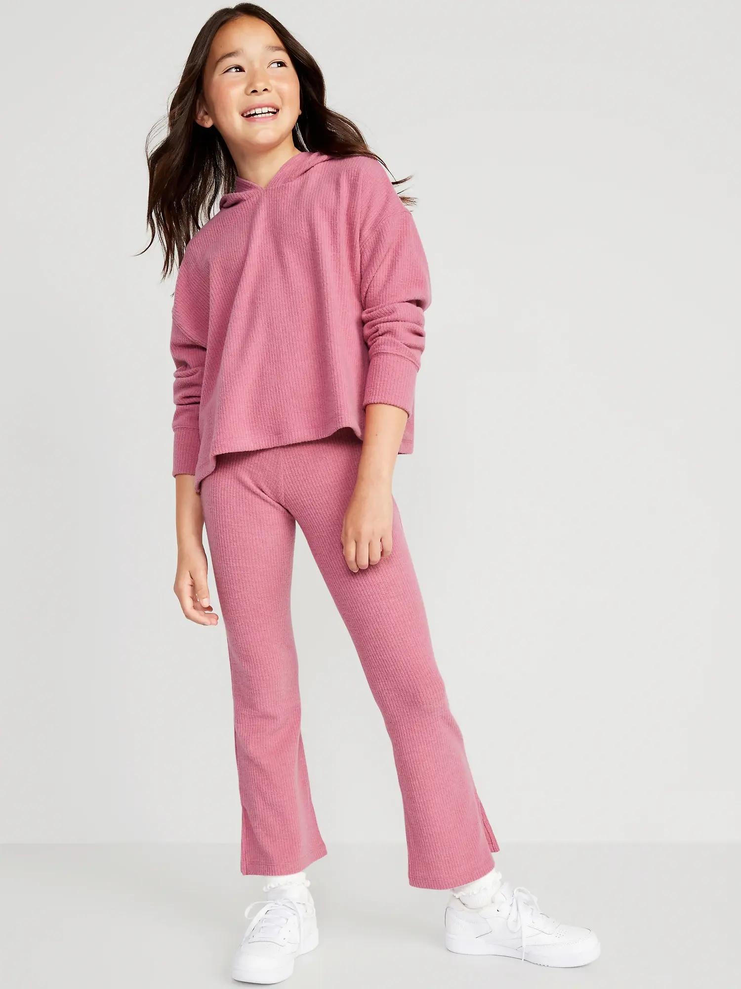 Old Navy Plush Cozy-Knit Hoodie & Side-Slit Flare Pants Set for Girls pink. 1