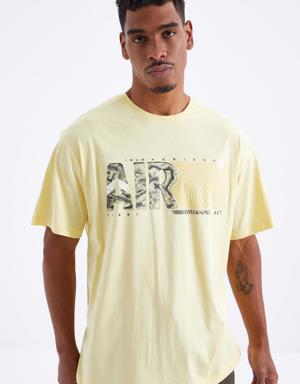 Sarı Air Baskılı O Yaka Erkek Oversize T-Shirt - 88097