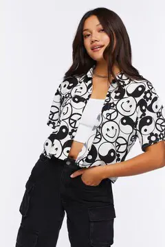 Forever 21 Forever 21 Yin Yang &amp; Peace Print Shirt Cream/Black. 2