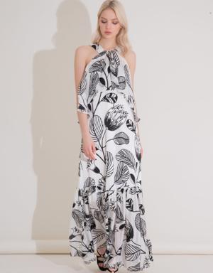Ruffle Detailed Patterned Long Ecru Silk Dress
