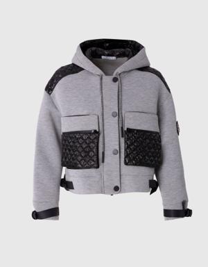Contrast Detailed Hooded Short Gray Jacket