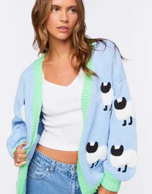 Forever 21 Sheep Embroidered Cardigan Sweater Light Blue/Multi