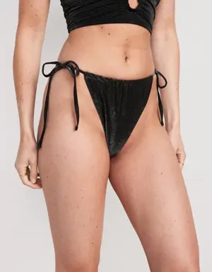 High-Waisted Metallic Shine String Bikini Swim Bottoms for Women black