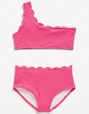 One-Shoulder Scallop-Trim Swim Set for Girls pink