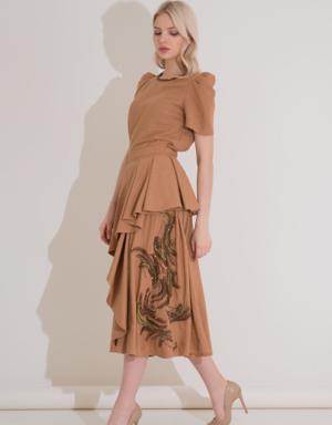 Embroidery Detailed Layered Pleated Viscose Tobacco Color Linen Skirt