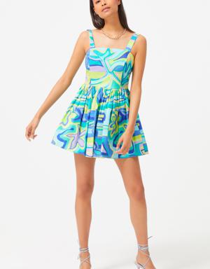 Kolsuz Eteği Büzgülü Desenli Mini Elbise