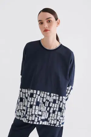 Roman Brick Patterned Navy Blue Blouse. 1