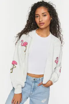 Forever 21 Forever 21 Flamingo Embroidered Cardigan Sweater Vanilla/Multi. 2