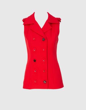 Embroidered Button Detailed Red Vest