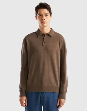 brown polo shirt in pure merino wool