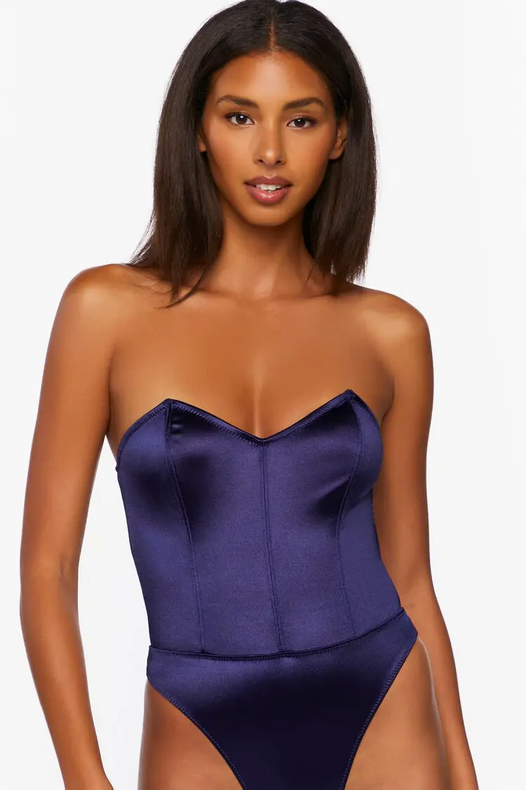 Forever 21 Forever 21 Satin Strapless Lingerie Bodysuit Navy. 1