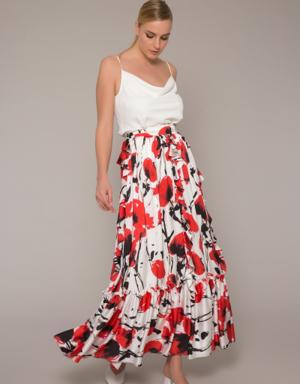 Ruffle Patterned Pleated Long Red Skirt