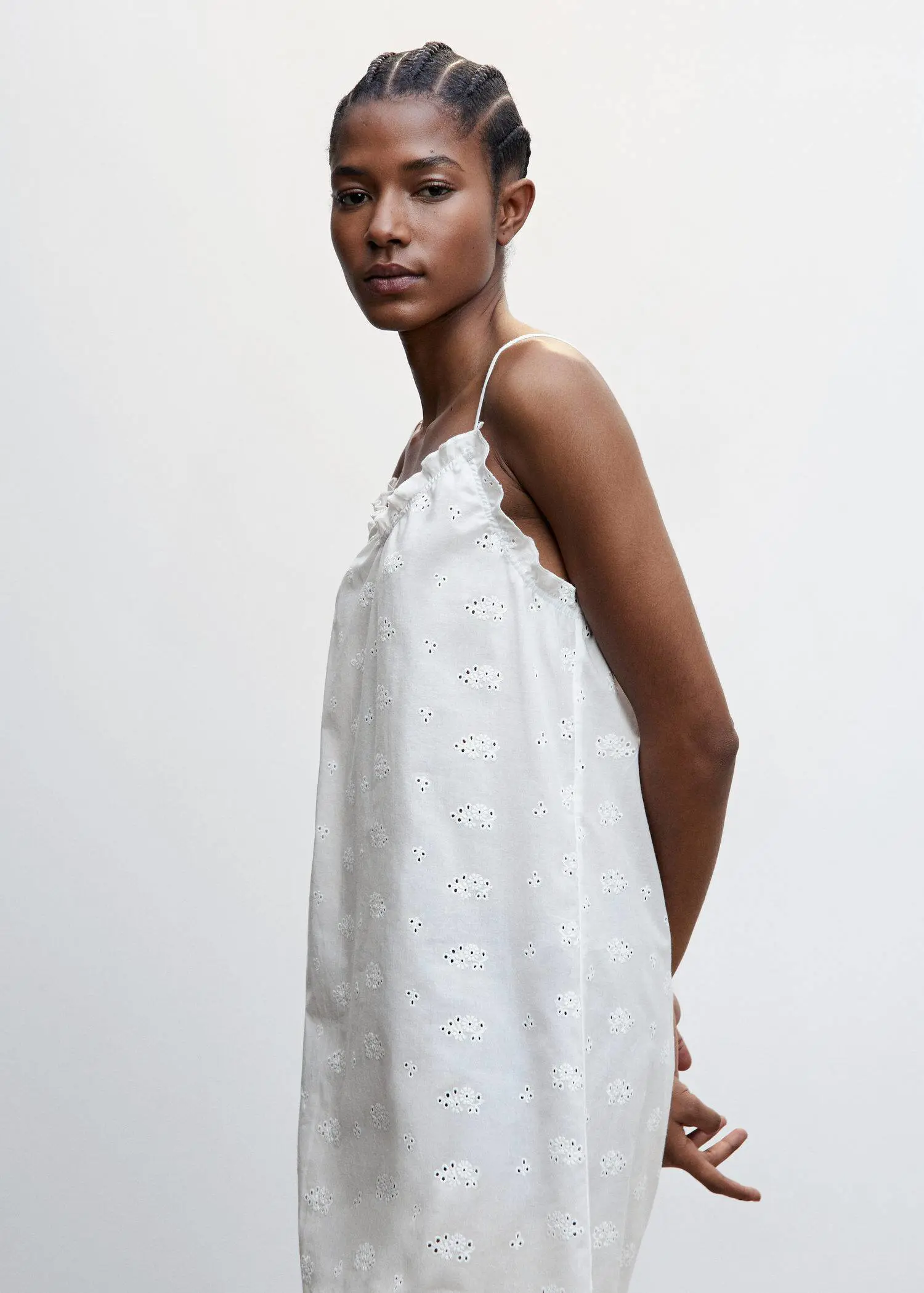Mango Floral embroidered nightgown. a woman in a white dress posing for a picture. 